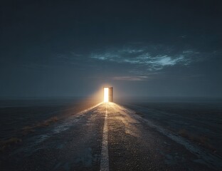 Open door on a deserted road at night
