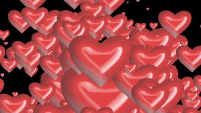 Red 3D-style flying hearts animation with soft highlights, motion blur, and transparent background. Perfect for Valentine&rsquo;s Day, romantic projects, wedding graphics, love animations, festive designs.