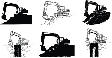 Excavator construction site heavy equipment digging trench pipeline engineering industrial machinery working earthmoving silhouette illustration infrastructure maintenance vector design © Musa's Word