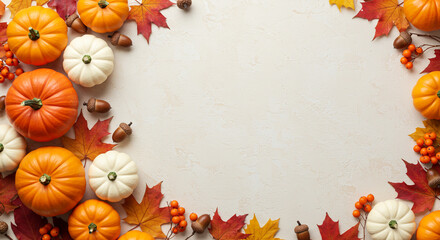 Festive Realistic autumn flat lay with pumpkins, gourds, maple leaves, acorns, and berries. with light textured background