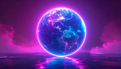 A vibrant, stylized Earth, glowing with neon colors, set against a backdrop of a nebula-like night sky.  A reflective, liquid surface mirrors the celestial sphere