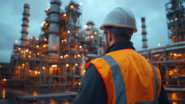 Industrial Oversight: An engineer surveys an industrial complex, the soft glow of the machinery reflecting in the dusk, demonstrating dedication.