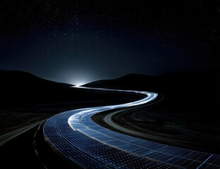 Winding road at night with solar panels