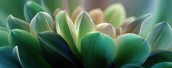 Close-up view of flower petals in vibrant greens and pastels