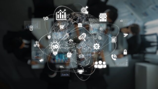 Aerial view of a modern office space showcasing a network of digital icons representing global business, communication, and technology in collaboration and strategy settings. Raster - Powered by Adobe