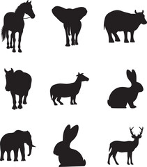 Animal Silhouette Set of Horse, Elephant, Cow, Goat, Rabbit, and Deer Vector Illustration.