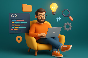 A happy 3d cartoon male developer is sitting on a chair using a laptop computer for his online work with some 3d icons of development floating around him