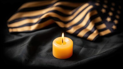 Single Candle Illuminating a Folded Flag in a Somber Setting for Remembrance and Honor