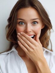 Vertical close-up portrait of a young woman with a shocked or surprised expression, covering her mouth with her hand. Unexpected news, revelation, or big surprise.