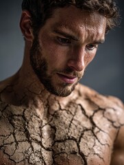 Conceptual image of a man's face and body with skin resembling cracked, dry ground. Aging, decay, or deterioration process.