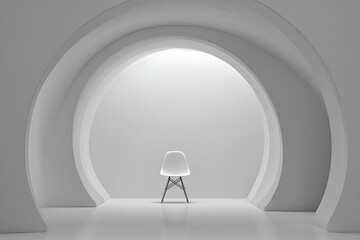 A minimalist, white interior with concentric arches and a single chair