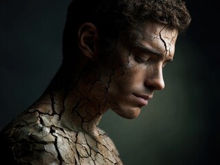 Close-up portrait of a man with skin covered in dry, cracked earth. Drought, dehydration, or environmental crisis concept.