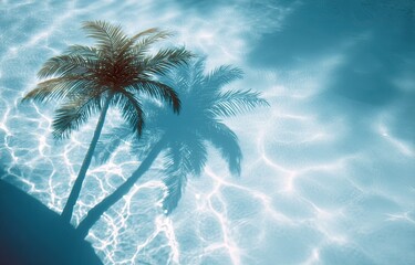 Two palm trees reflected underwater, creating a serene pool scene