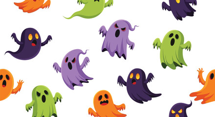 Naklejka premium Seamless pattern with colorful spooky ghosts halloween festive design for wrapping paper, textile, and decoration