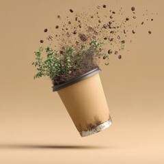 A disposable coffee cup, appearing used and dirty, with coffee grounds and plant sprouts erupting from it