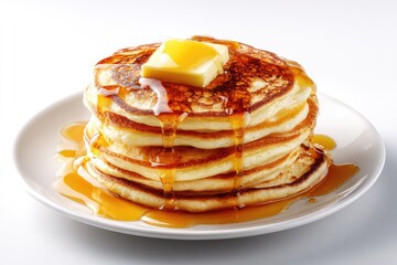 Stack of golden pancakes drizzled with syrup and butter