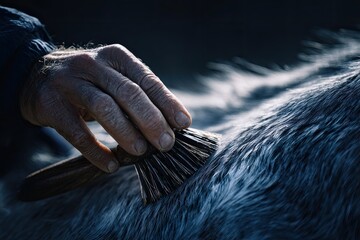 Close-up of a hand brushing a horse