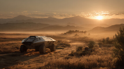 Desert landscape with futuristic vehicle parked on dirt road under warm sunset illuminating distant mountains and open terrain filled with tall grasses and shrubs.