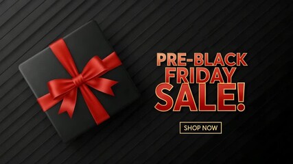Preblack friday sale with a black gift box and red ribbon on a dark background