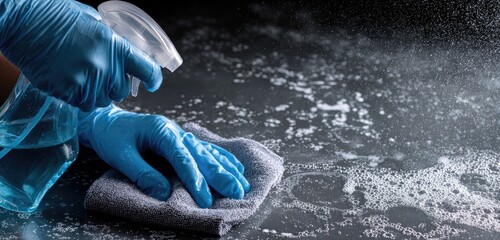 Hands in blue gloves cleaning a surface with a gray cloth and a spray bottle