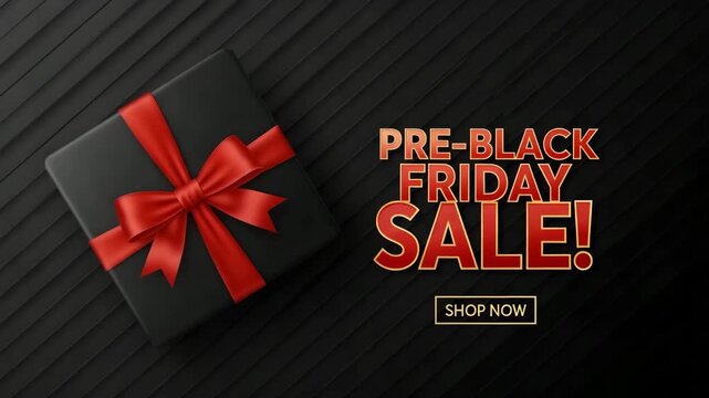 Preblack friday sale with a black gift box and red ribbon on a dark background