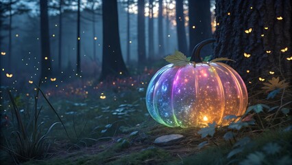 Magical glowing pumpkin illuminated with vibrant rainbow colors in a dark enchanted forest at twilight