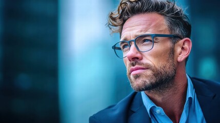 A handsome businessman looks up with a thoughtful expression while wearing glasses and a suit.