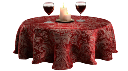 Round table with red silk tablecloth draped smoothly creating an elegant furniture decoration element illustration isolated on white background