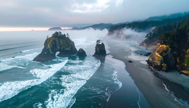 Coastal landscape with dramatic waves, rock formations, and fog