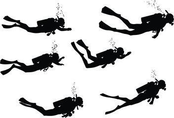 Silhouettes of scuba divers swimming underwater with air bubbles, showcasing adventure sports, exploration, and underwater life.