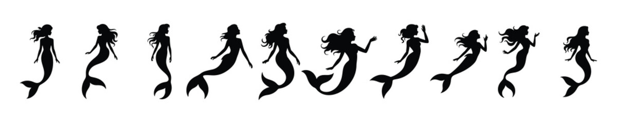 Collection of black silhouette mermaid illustrations in various poses isolated on white background