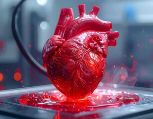 3D rendered heart in a glowing red liquid