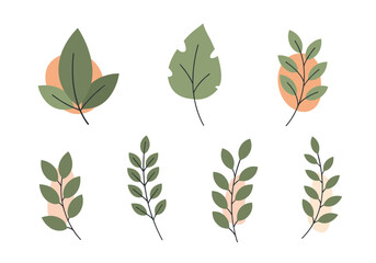 A collection of various stylized green leaves and branches.