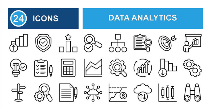 Minimalist data analytics line icon set with editable stroke, featuring reveal, search, evaluate, processing, chart, ranking, box plot, bubble chart, and cloud in clean thin linear style.
