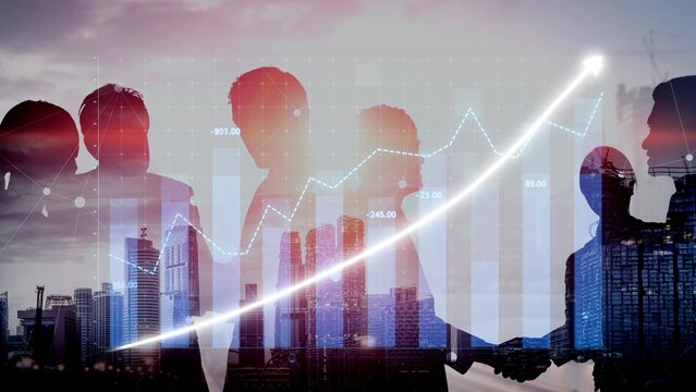 This image depicts silhouettes of professionals engaged in discussions, set against a dynamic city skyline. An upward graph overlay symbolizes business growth and collaboration. Copula