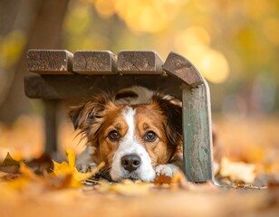 Dog resting under park bench in autumn