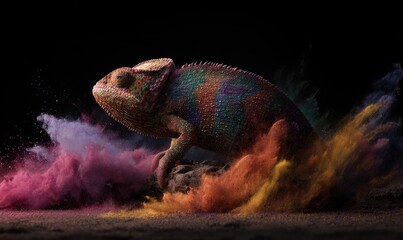 Colorful chameleon in a cloud of powder