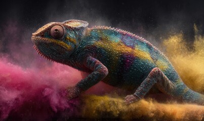 Colorful chameleon in a cloud of vibrant powder