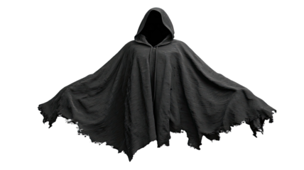 Floating empty black hooded cloak with dark mysterious appearance creating a fantasy horror costume illustration isolated on white background