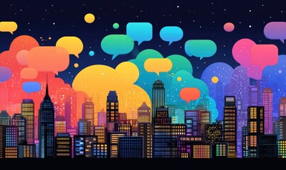 Colorful cityscape at night with floating speech bubbles