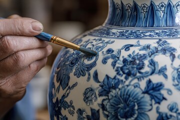 Expert hands meticulously paint intricate details onto a porcelain vase