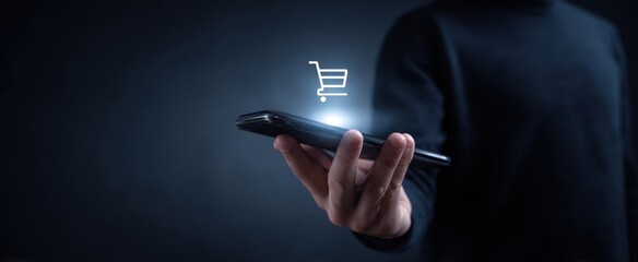 The Smartphone Displaying a Holographic Shopping Cart Icon for Mobile Ecommerce Transactions