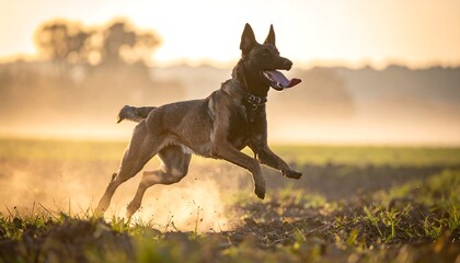 Dog running in a field at sunrise