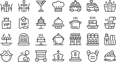 Set of minimalist line icons representing outdoor cafe and restaurant elements black outline vector illustration.