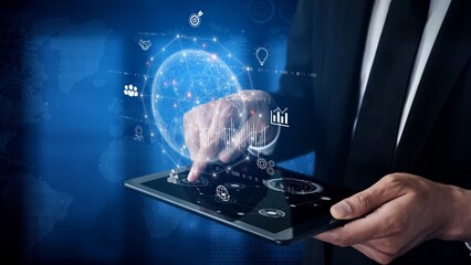 Global business network connecting digital economy and data exchange. Global business expands market, business shares data, global drives finance, and global business supports insight. Marrow