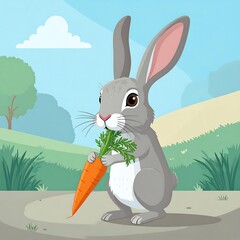 Cute rabbit eating a carrot in a field