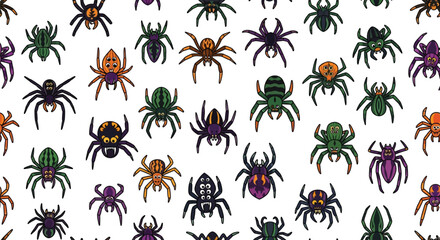 Seamless pattern with colorful spiders, halloween decoration, spooky and scary vector illustration