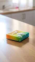 Colorful sponge on a light wood countertop