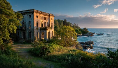 Naklejka premium Deserted mansion overlooking a coastal landscape at sunrise