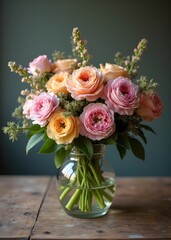 Rustic Glass Vase with Fresh Bouquet of Flowers on Wooden Table